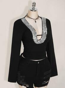 SHEIN ICON Plus Size Y2K Knit Notch Neck Hollow Out Long Sleeve Top, Sequin Decor Party Top, Date Top, Sexy Sequin Decor Top - Black - View 4
