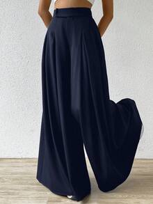 SHEIN EZwear Quần ống rộng xếp ly thường ngày cỡ lớn, Xuân/Hè - Màu xanh hải quân - Xem 3