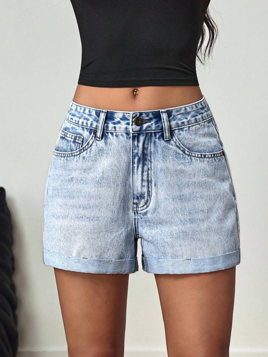 SHEIN Tall Shorts vaqueros lavados y desgastados con puños para tallas altas