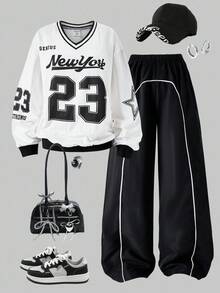 SHEIN Streecool Kids 2pcs/Set Teen Girls V-Neck Letter Print Hoodie Sweatshirt And Cargo Pants Casual Outfit Fall Winter