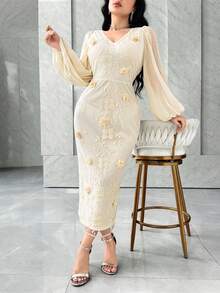 Modelyn Women's Elegant 3D Floral Embroidery Dress - Apricot - View 6