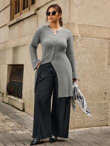 Easura كارديجان طويل مضفر بأكمام طويلة وأزرار فردية للنساء ذوات الحجم الكبير، لون أحادي