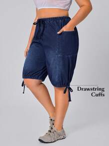 Flexra 大码夏季休闲水洗抽绳腰牛仔裤 - 藍色 - 查看 6