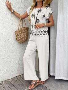 EMERY ROSE 女士花卉和几何印花圆领短袖上衣和裤子休闲两件套 - 彩色 - 查看 5