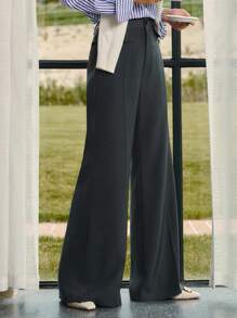 Briarwyn Celana Panjang Wanita Polos dengan Motif Garis-Garis Tusuk Gigi, Longgar, Kasual, Kaki Lebar, Musim Gugur, Kembali ke Sekolah, Gaya Klasik, Guru - Dark Grey - View 5