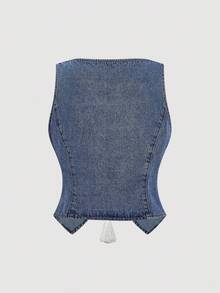 SHEIN MOD 蕾丝拼布系带休闲时尚无袖女式牛仔夹克 - 藍色 - 查看 2