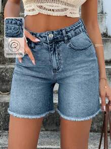 EURMUSE 100%Cotton Mini Short Fold Up And Back Label Detail - Medium Wash - View 1