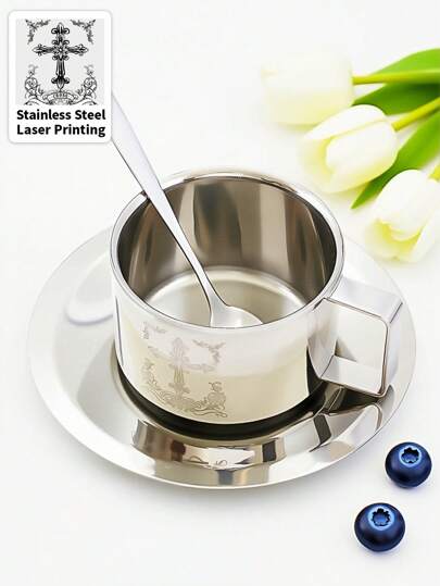 Goth 1pc Gothic 200ml Stainless Steel Coffee Cup,Gothic Coffee Cup Set, Cross Engraving Pattern, Coffee Cup Set, Vintage Coffee Tea Cup, Retro,Suitable For Restaurant Or Home,Home Decor