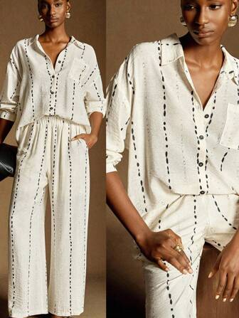 Écloséra 时尚休闲日常百搭宽松圆点条纹印花亚麻衬衫阔腿裤女士春秋套装休闲套装女士纽扣衬衫女士套装女士两件套女士衬衫女士休闲装春季