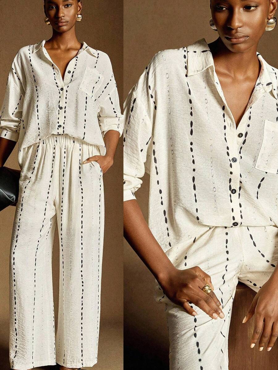 Écloséra 时尚休闲日常百搭宽松圆点条纹印花亚麻衬衫阔腿裤女士春秋套装休闲套装女士纽扣衬衫女士套装女士两件套女士衬衫女士休闲装春季