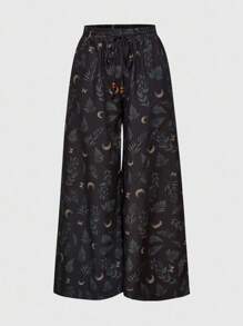 ROMWE Fairycore Plus Size Dark Vintage Mysterious Star & Plant All-Over Print Pants - Multicolor - View 1