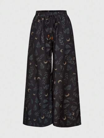 Fairycore Plus Size Dark Vintage Mysterious Star & Plant All-Over Print Pants