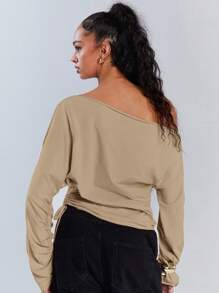 Athîral 女士休闲纯色不对称领抽绳上衣，秋季