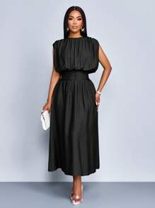 SOLERSUN Women's Spring Summer Solid Color Simple Daily Wear Ruched Sleeveless Midi Dress Elevated Elegance - Black - View 4
