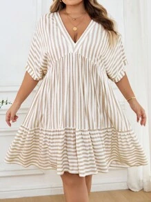 SHEIN CURVE+ Plus Size Women Striped V-Neck Batwing Short Sleeve Ruffle Hem Casual Dressfall Clothes For Women,Winter,CURVE PLUS - Multicolor - View 6