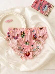 Pink Satin Ruffle Trim Bow Iridescent Panties, Sweet & Cute, Halloween, Girls - Pink - View 1