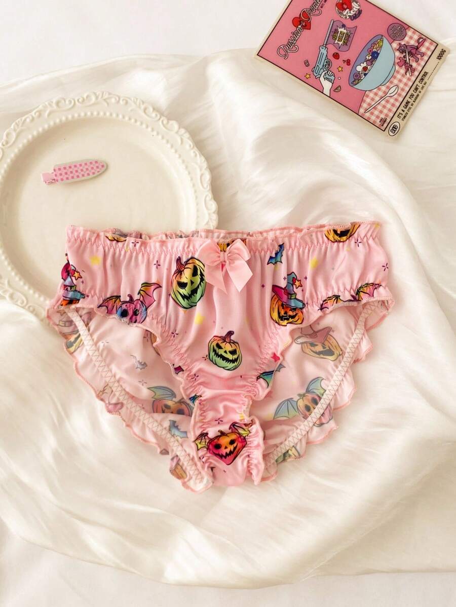 Pink Satin Ruffle Trim Bow Iridescent Panties, Sweet & Cute, Halloween, Girls - Pink - View 1