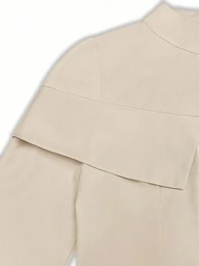 Franclia 女士纯色高领长袖单排扣收腰休闲办公中长连衣裙，秋冬季大学女生服装 - 杏色 - 查看 5