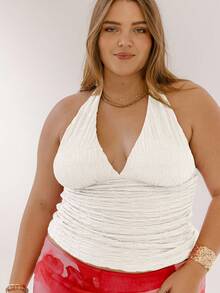 Aralina Curve Plus Size Ruched Halter Neck Slim Fit Backless Tie Up Going Out Top - White - View 3