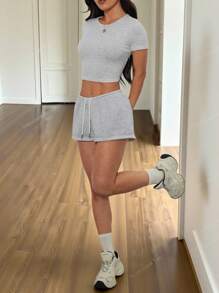 SHEIN PETITE Bộ đồ mặc nhà dệt kim màu xám ôm vừa vặn dành cho nữ - Xám - Xem 3