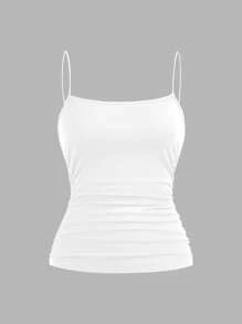 SHEIN EZwear 4 件套女式纯色侧褶修身休闲吊带背心套装，适合夏季 - 黑色、藏青色、灰色、白色 - 彩色 - 查看 11