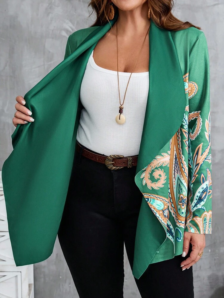 Plus Size Women Casual Printed Open Front Long Sleeve Jacket,Fall,Teacher,Going Out,Business Casual