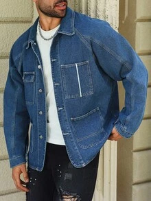 Manfinity Homme 男士加大码蓝色复古水洗绣花领百搭宽松牛仔夹克，适合丈夫和男朋友，秋季