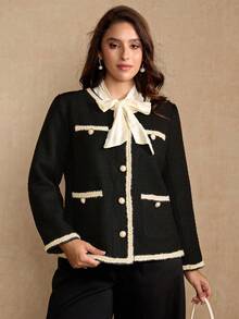 Flirla Plus Size Elegant Ribbon Decor Jacket, Autumn/Winter Fall