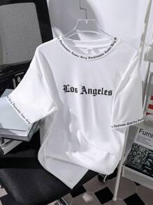 SHEIN Tween Boy Letter Printed Crew Neck Knit T-Shirt, Streetwear, Spring/Summer - White - View 1