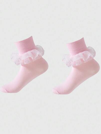 Kawaii Pink Women's Mid-Calf Socks With Ruffle Trim