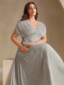 Anewsta 大码女式 V 领短袖串珠链褶腰露背系带长裙，优雅精致，夏季 - 灰色 - 查看 7