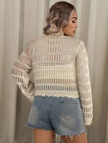 SHEIN VCAY Áo len cardigan dáng croptop màu trơn đơn giản dành cho nữ cỡ lớn, áo dài tay - Màu Khaki - Xem 2