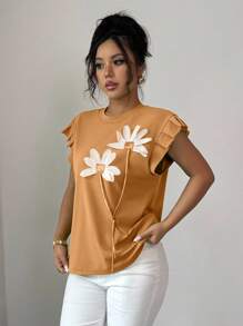 Elenzga 女式休闲宽松 3D 花卉荷叶边袖孔 T 恤，夏季 - 摩卡棕 - 查看 5