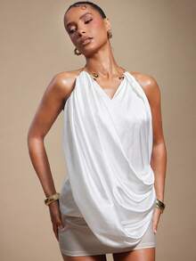 Hauture Women's White Satin Front Drape With Gold Ring Neck Detail Summer Sexy Night Out Dress - White - View 5