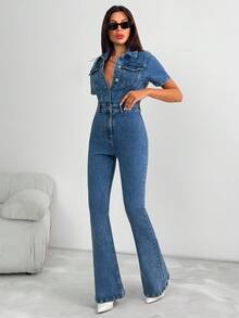 EURMUSE Button Front Medium Wash Denim Jumpsuit Denim Jumpsuit Women Blue Jean Jumpsuit Flare Jumpsuit Jean Jumpsuit Womens Jumpsuit - Medium Wash - View 5