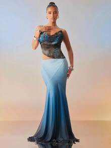 Hauture Falda larga de malla de verano con degradado azul ombré para fiestas y vacaciones sexy - Azul - Ver 3