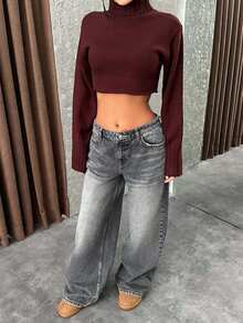 EURMUSE 低腰寬腿 Y2K 風格灰色牛仔褲 Y2k 牛仔褲 低腰牛仔褲 女款牛仔褲 寬腿牛仔褲 寬鬆牛仔褲 - 灰色 - 查看 3