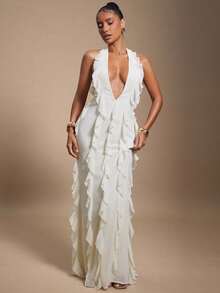 Hauture Women's Summer Sexy Low Front Neck Ruffle Ivory Night Out Maxi Dress - Apricot - View 1