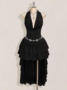 SHEIN ICON Vestido de talla grande con cuello en pico, halter, cintura alta, volantes y bajo asimétrico sin espalda - Negro - Ver 3