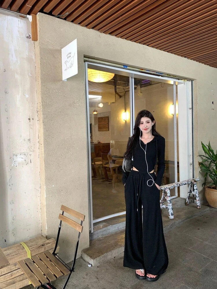 Women's Solid Color Hooded Casual Elegant Long Sleeve T-Shirt And Wide Leg Pants 2 Pieces Set, Spring/Autumn Tracksuits Women Set Lounge Sets For Women