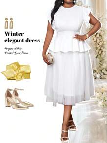 Fleurora Autumn Winter Elegant White Summer Silky Wedding Guest Knitted Lace Plus Size Co-Ords,Women Fall Party Curve Long Wedding Guest Clothes - White - View 1