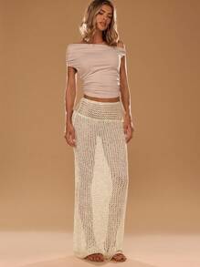 SHEIN BAE Falda de punto de diseño hueco de unicolor y extra larga de moda para mujer - Albaricoque - Ver 5