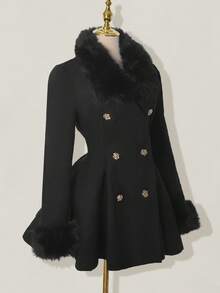 SHEIN ICON 女士优雅喇叭形人造毛皮拼布双排扣夹克，秋冬 - 黑色 - 查看 6