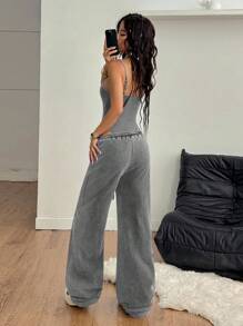 Coolane 女士夏季演唱会服装街头服饰 Y2K 简约休闲脏洗无袖紧身衣和宽松低腰裤两件套服装 - 深灰色 - 查看 5