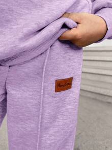 SHEIN Young Girl SL Store 街头风格纯色圆领长袖针织毛衣套装 - 紫色 - 查看 3