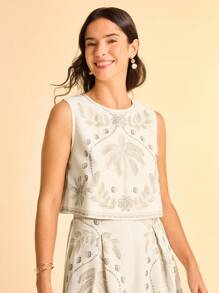 CAJUNI 女式杏色印花圆领无袖宽松短款印花衬衫，适合度假、约会、派对、夏季海滩