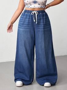 SHEIN CURVE+ 大码宽松阔腿蓝色牛仔裤 - 深色水洗藍 - 查看 3