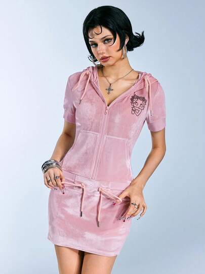 Betty Boop | ROMWE Vestido mini de terciopelo ajustado con figura de dibujo animado de strass para mujer