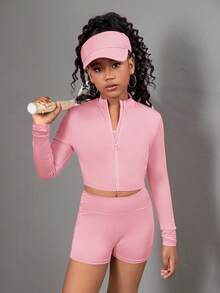 SHEIN Girlism Bộ 3 món áo thun dài tay cổ khóa kéo, áo vest và quần legging cho bé gái tuổi teen - Trang phục thể thao - Hồng - Xem 4