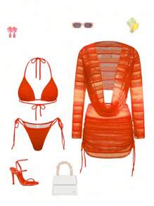 Swim SXY 4 件套女士新款细肩带露背上衣、侧系带衬衫、侧系带泳裤和性感比基尼套装 - 橘色 - 查看 4